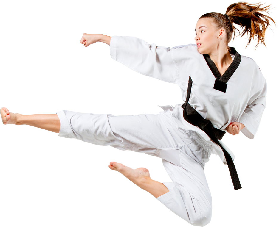 Girl with brown hair doing a flying kick.