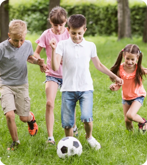 Children playing soccer.