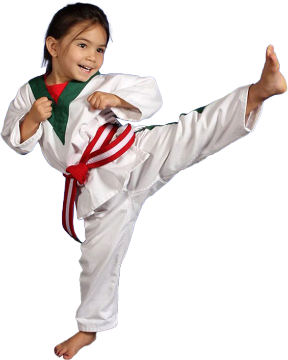 Kid with red white belt kicking.