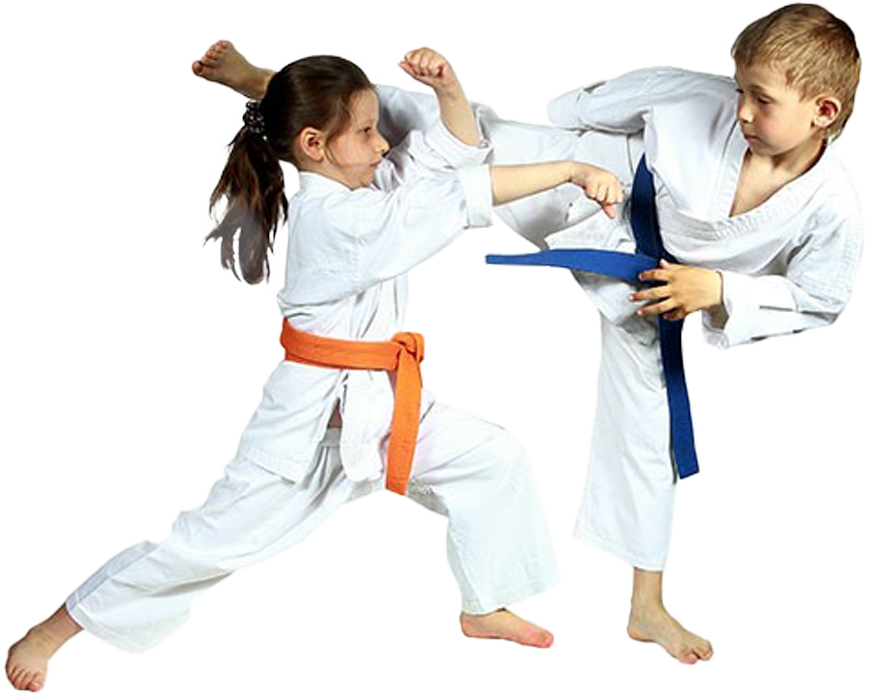 2 kids with blue and orange belts.