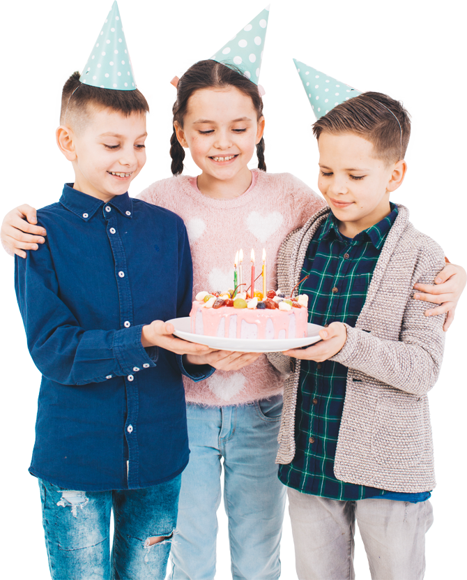 3 children with a cake.